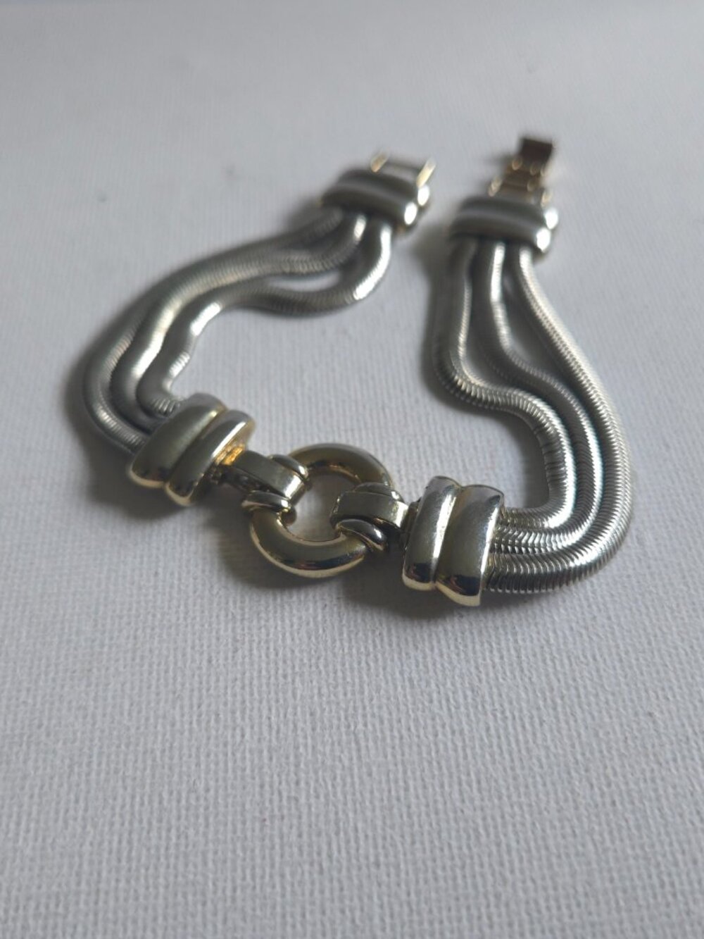 Vintage Two Tone Bracelet Multi Strand Silver Gold Snake Chain Foldover Clasp
